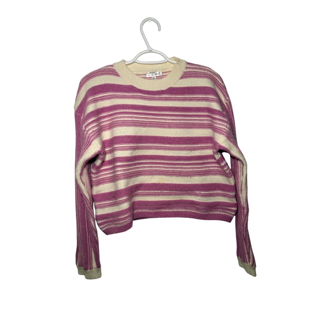 Line &‎ Dot Pink Striped Crew Neck Long Sleeve Cropped Sweater Medium Boho Cozy
